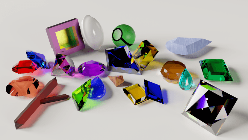 An array of physically accurate gemstones inspired by Steven Universe, rendered using LuxCore.